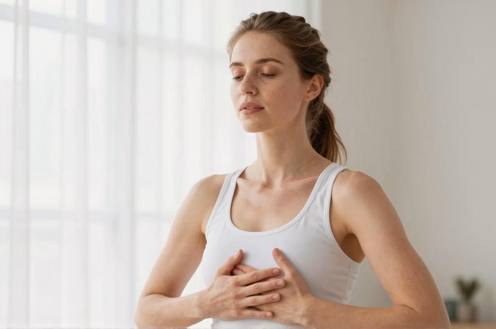 Femme pratiquant un exercice de respiration diaphragmatique pour le chant avec mains placées sur le diaphragme