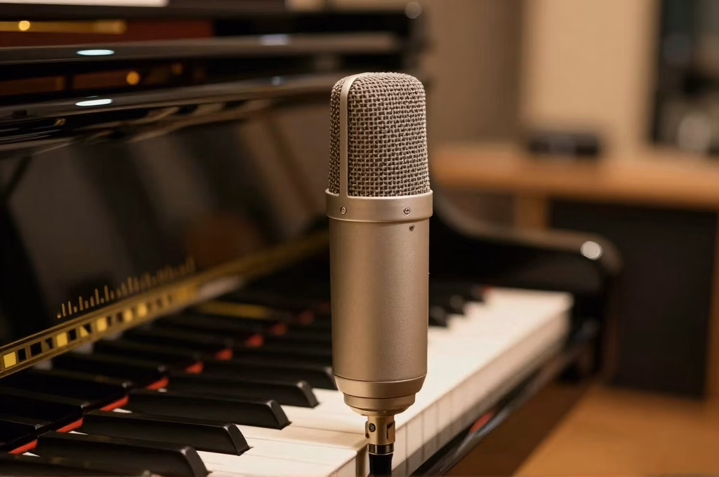 Microphone condenser et clavier de piano en gros plan dans un studio de musique professionnel pour le chant