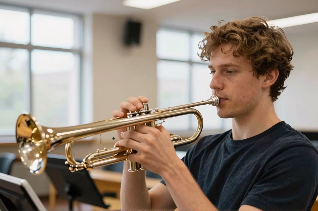 Élève apprenant la trompette avec un professeur dans une école de musique moderne