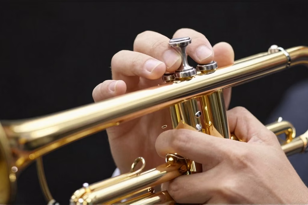 Gros plan sur l'embouchure de la trompette et la technique de jeu