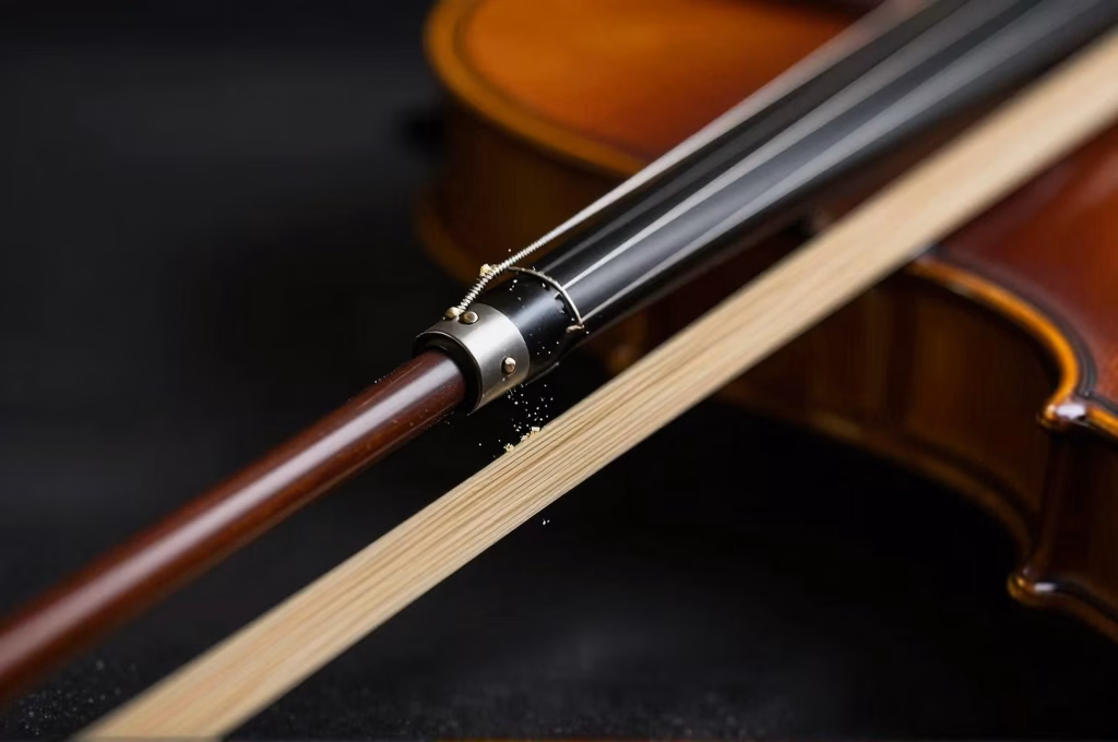 Gros plan sur un archet de violon en contact avec les cordes, particules de colophane visibles