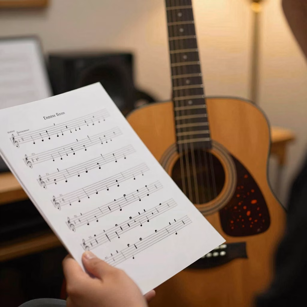 Guitariste avec tablature et partition de guitare