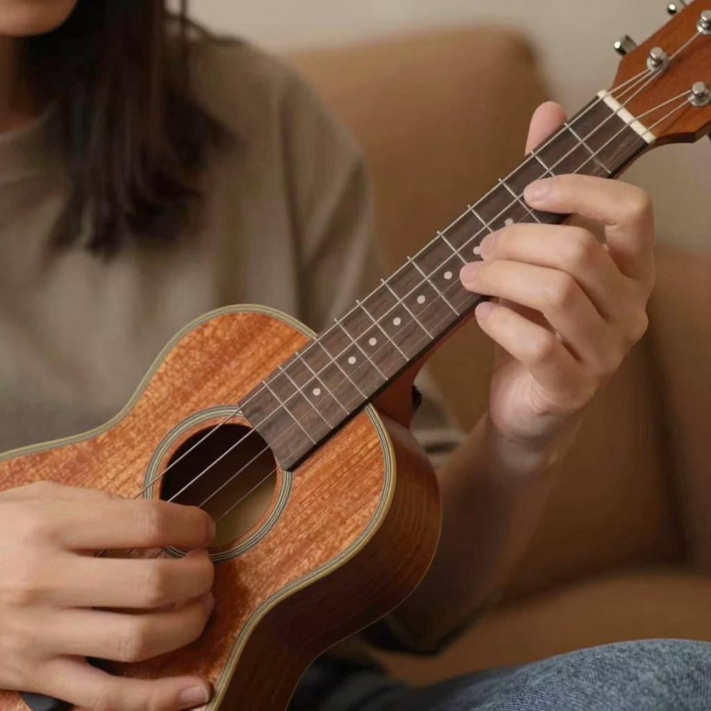 Mains jouant un accord sur le manche d'un ukulélé - technique de placement des doigts
