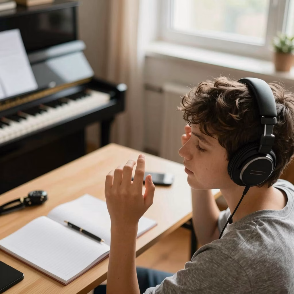 Musicien concentré travaillant son oreille musicale avec un instrument