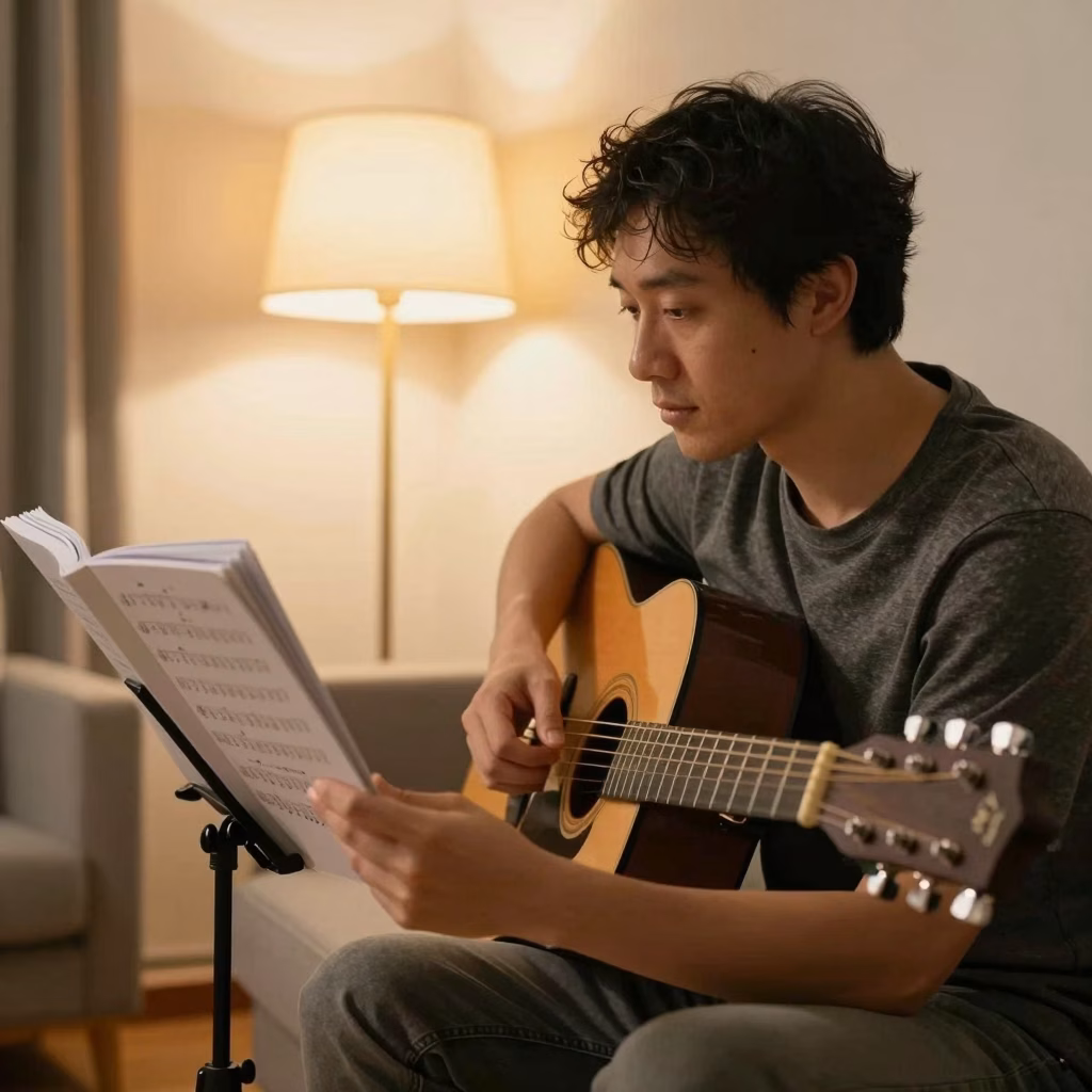 Adulte apprenant la guitare acoustique dans son salon