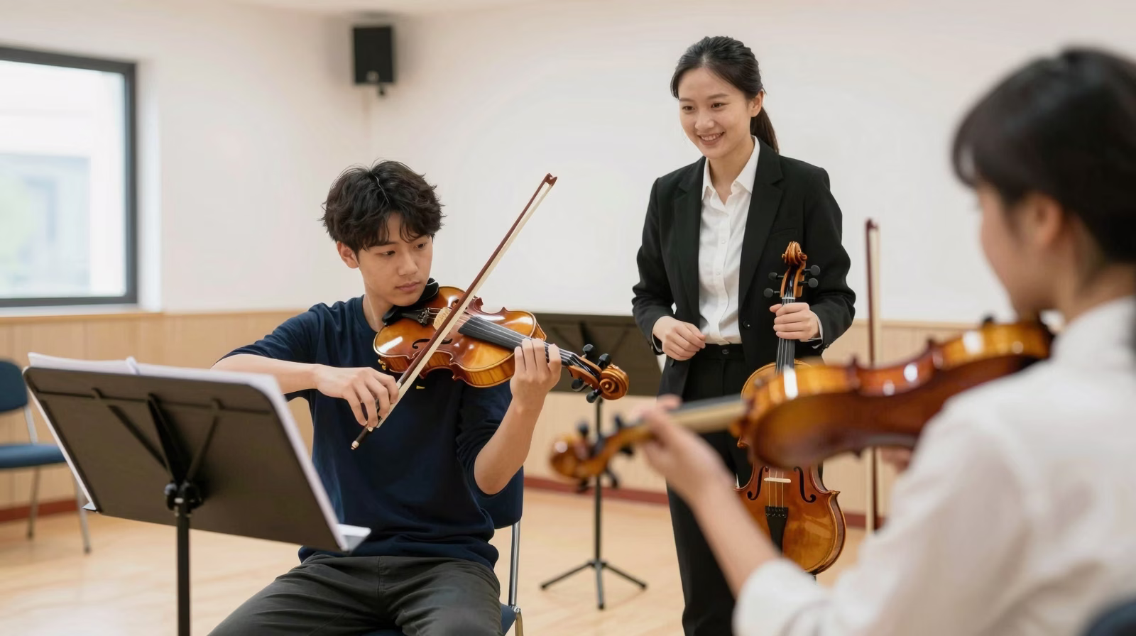 Élève apprenant le violon avec un professeur dans une école de musique